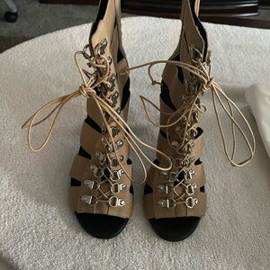 Balmain Paris Tan and Black Lace Up Boots with Sophisticated Design